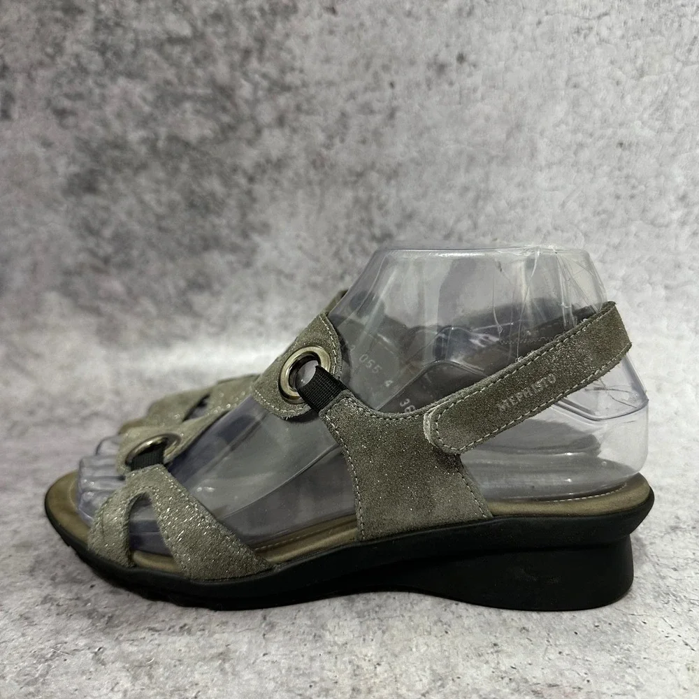 Mephisto Parfolia Wedge Sandals Womens 6 Steel Gray Iridescent Leather Strappy